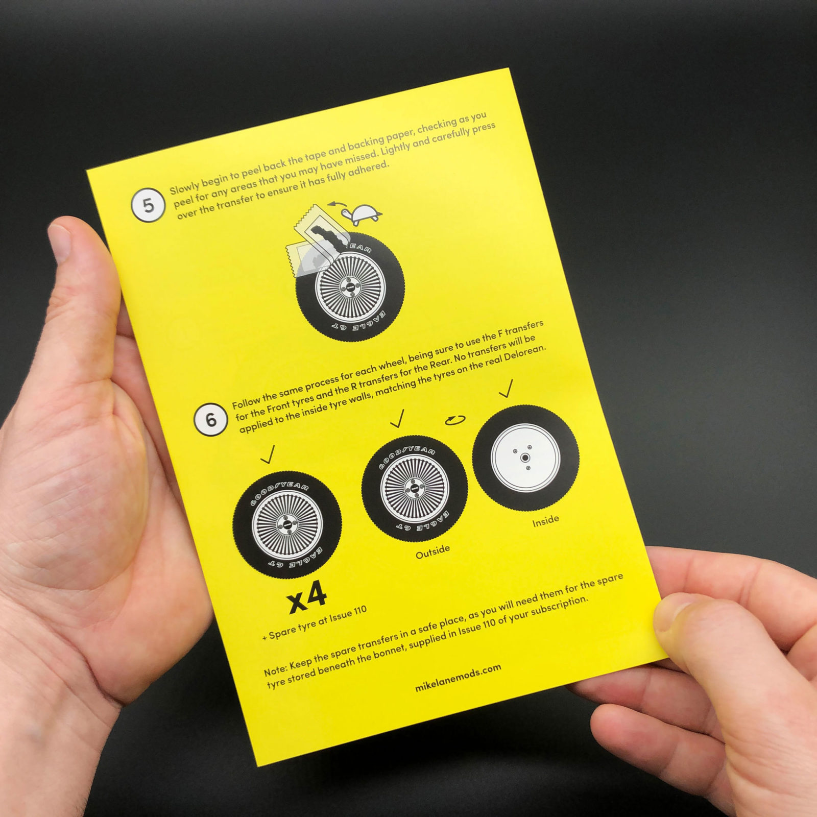 Rear of instructions booklet for DeLorean Tyre Transfer Kit mod