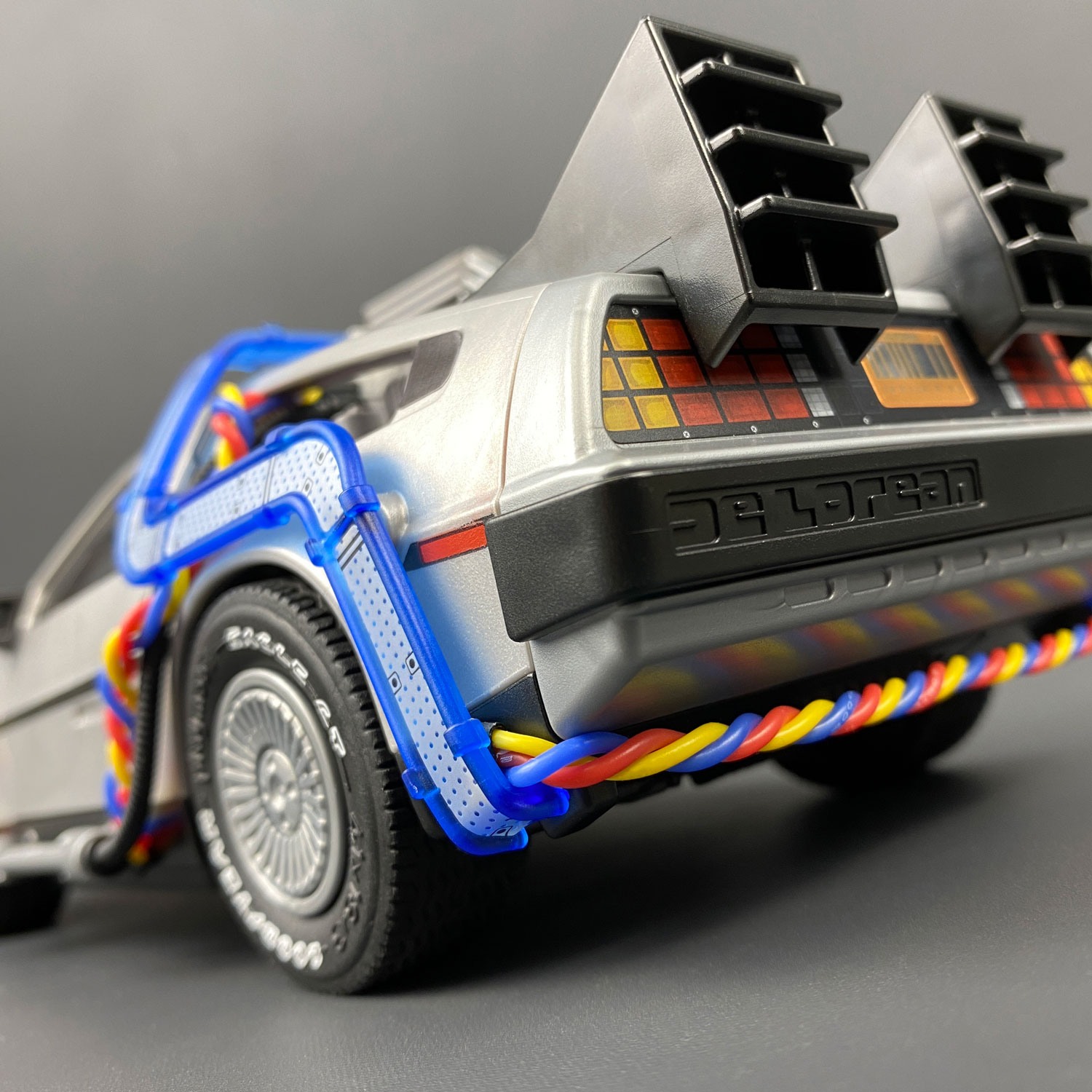 Rear of Playmobil DeLorean Flux Wires accessory installed