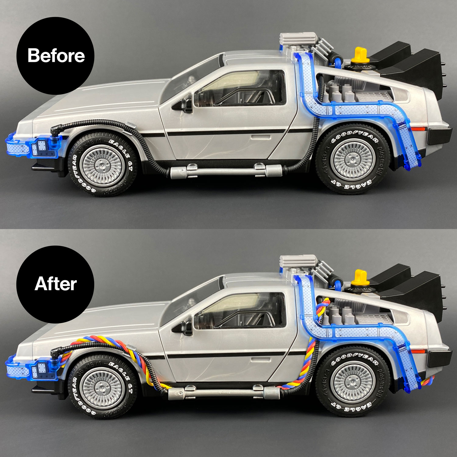 Before and after Playmobil DeLorean Flux Wires mod installed