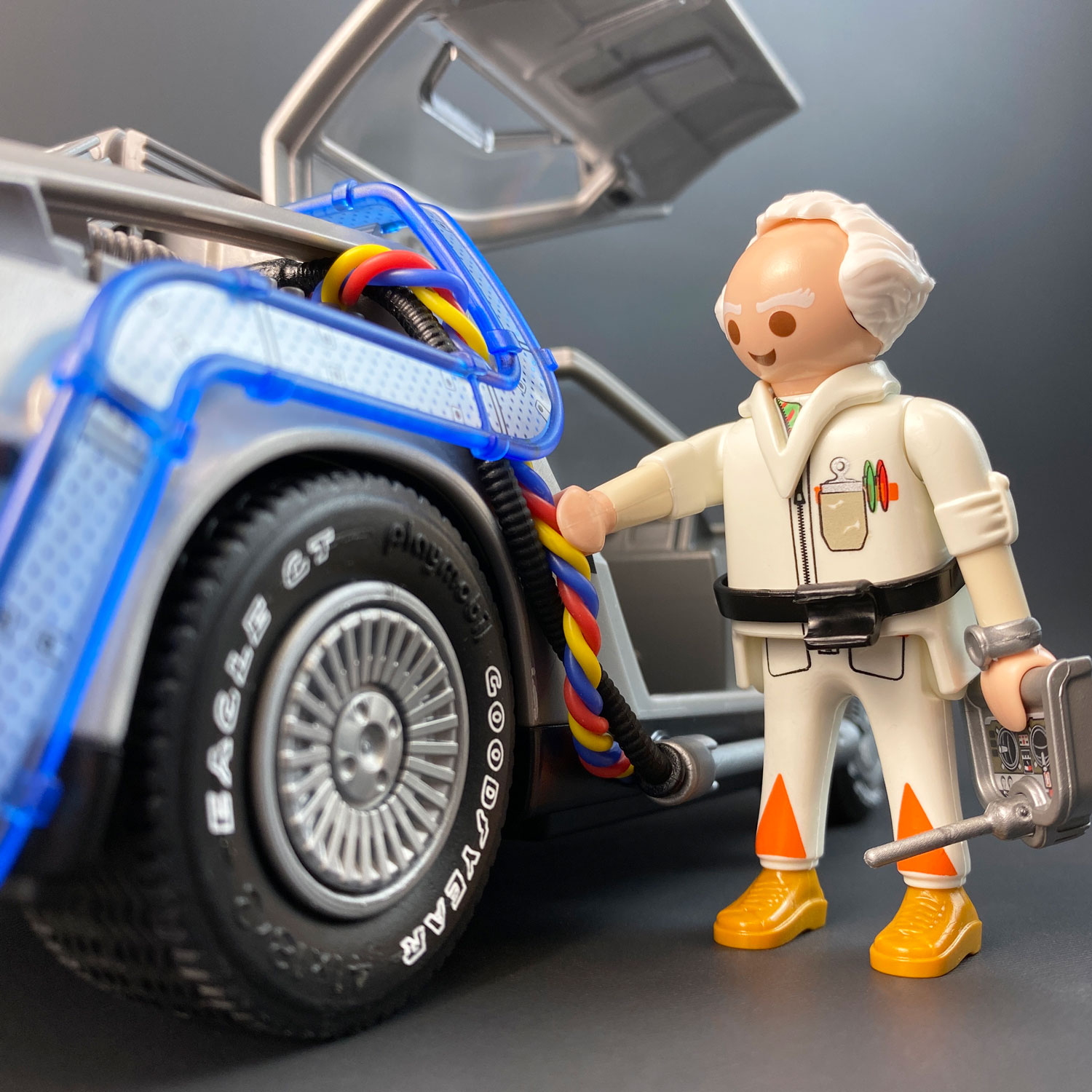 Playmobil DeLorean Flux Wires with model of Doc from Back to the Future