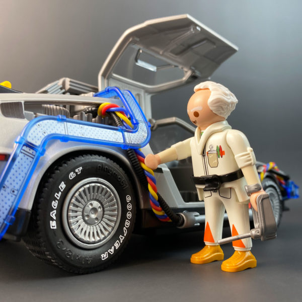 Playmobil DeLorean with Tyre Transfers and Flux Band Wires next to Doc model