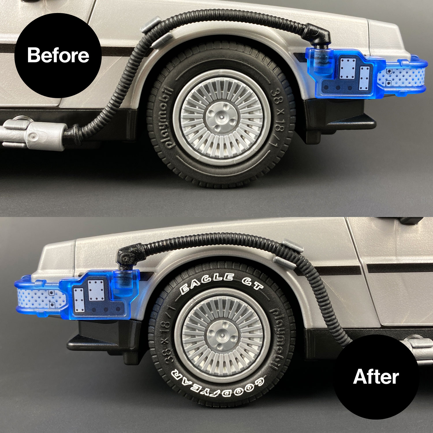 Before and after Playmobil DeLorean Tyre Transfers installed