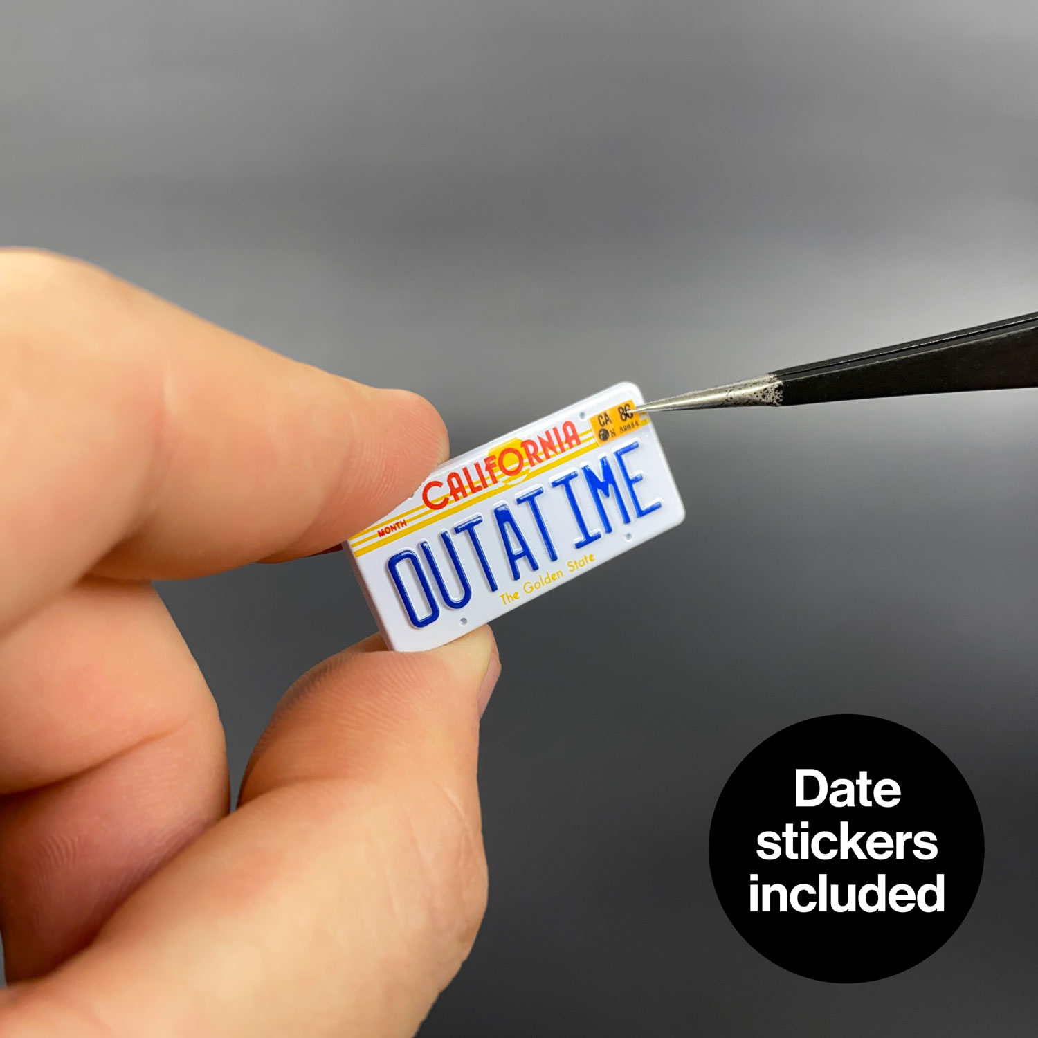 Date stickers included with OUTATIME die-cast licence plate