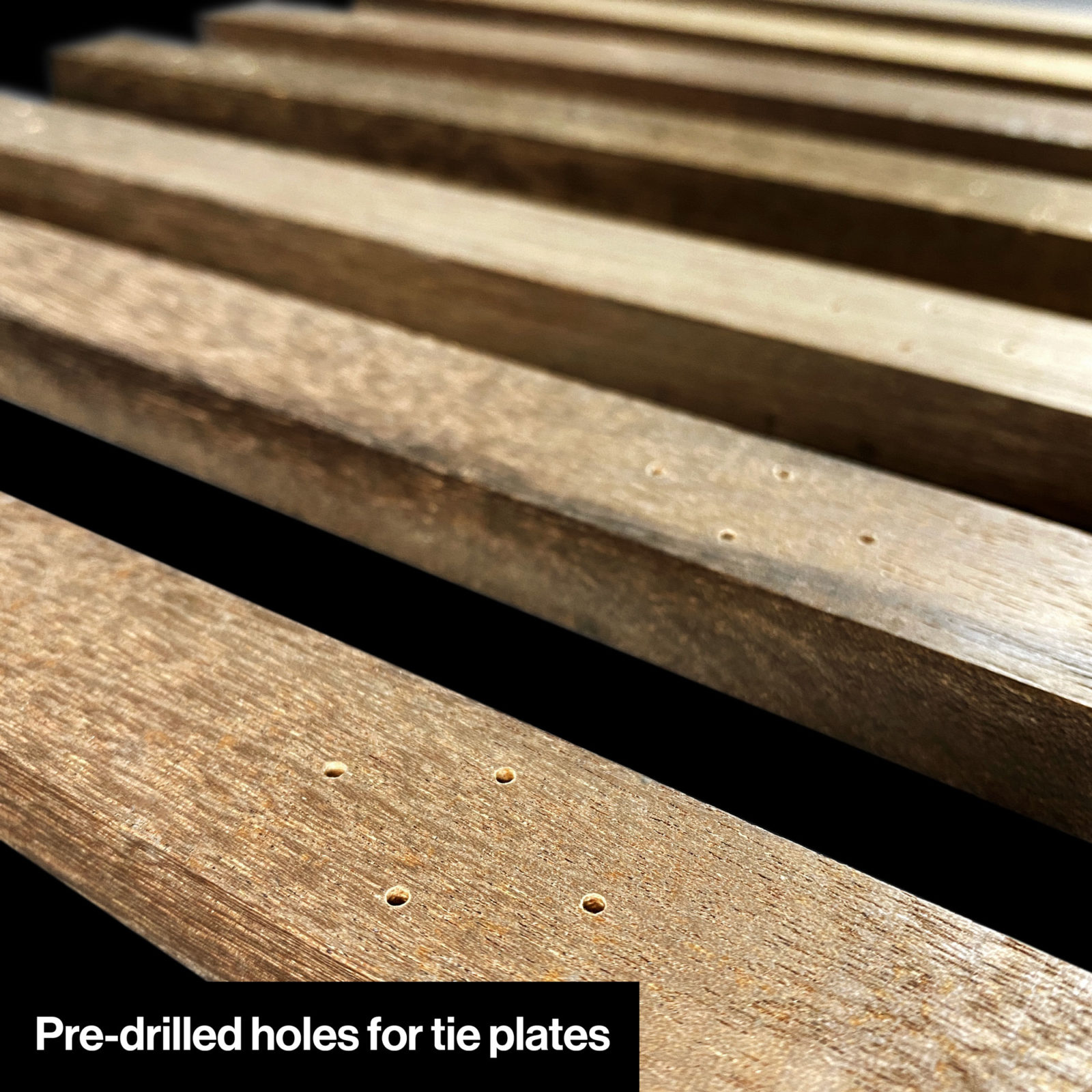 Pre-drilled holes on DeLorean Railroad tie plates