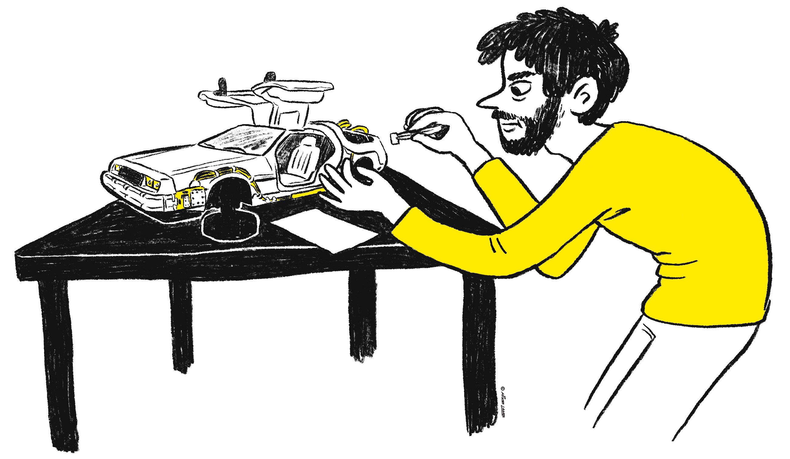 Illustration of Mike Lane modding the DeLorean