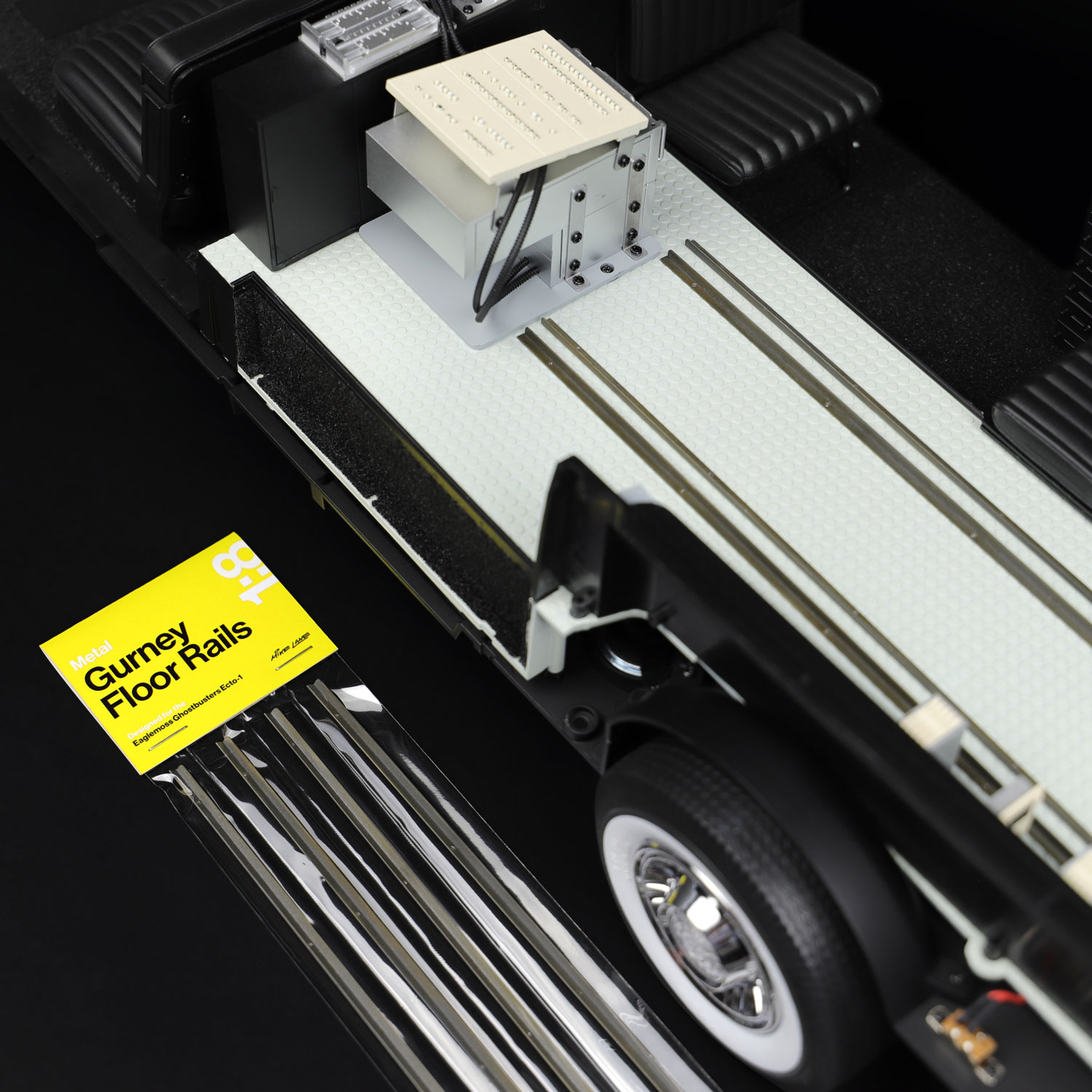Metal Gurney Floor Rails mod packaged and shown on model