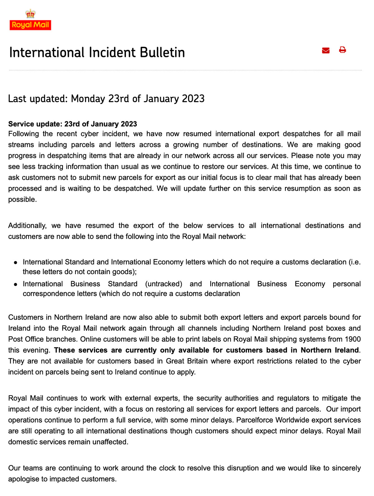 Royal Mail incident statement 23 Jan 2023