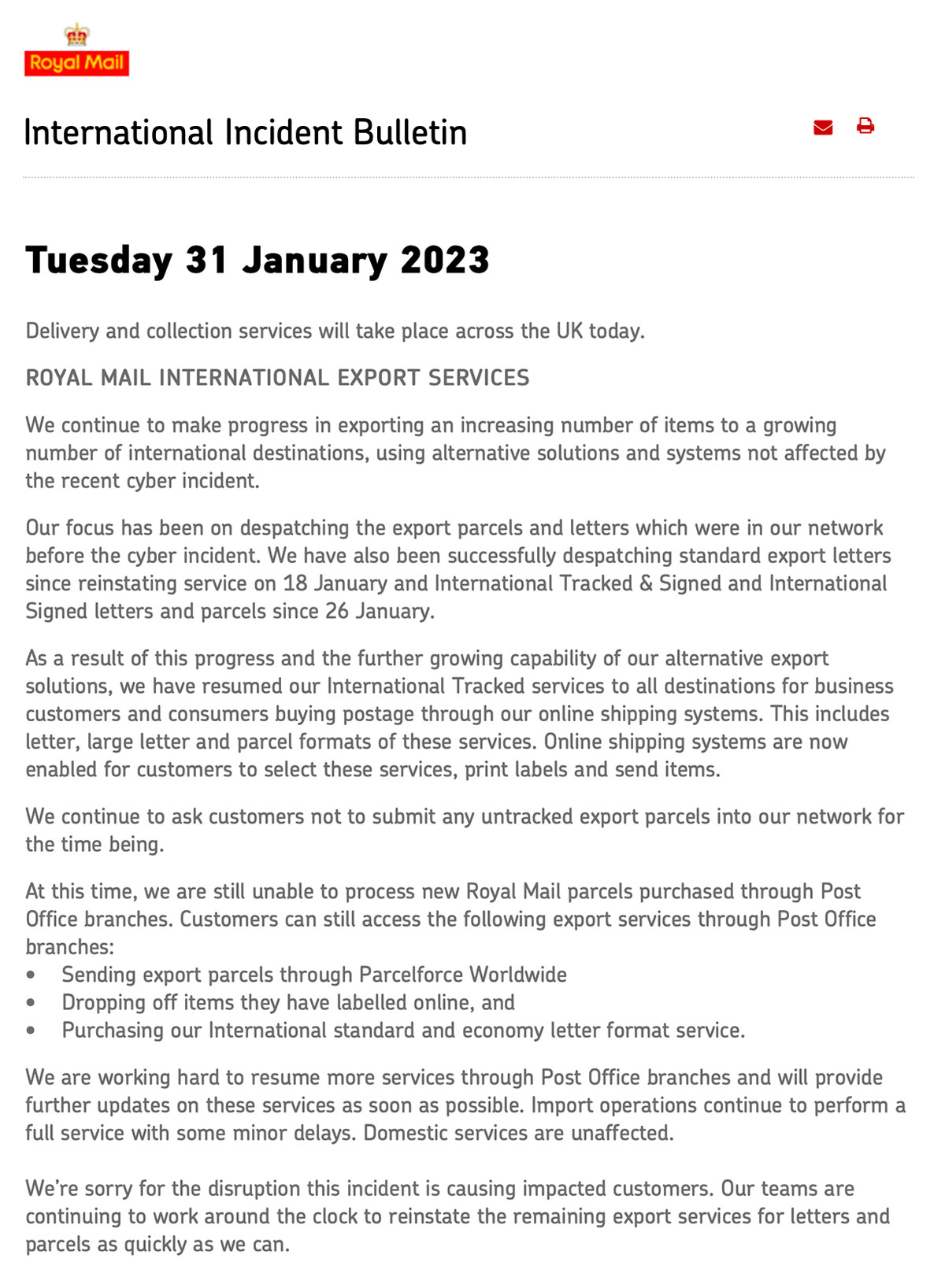 Royal Mail incident statement 31 Jan 2023